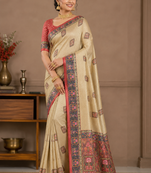 cream-red printed pasmina print with dori silk saree