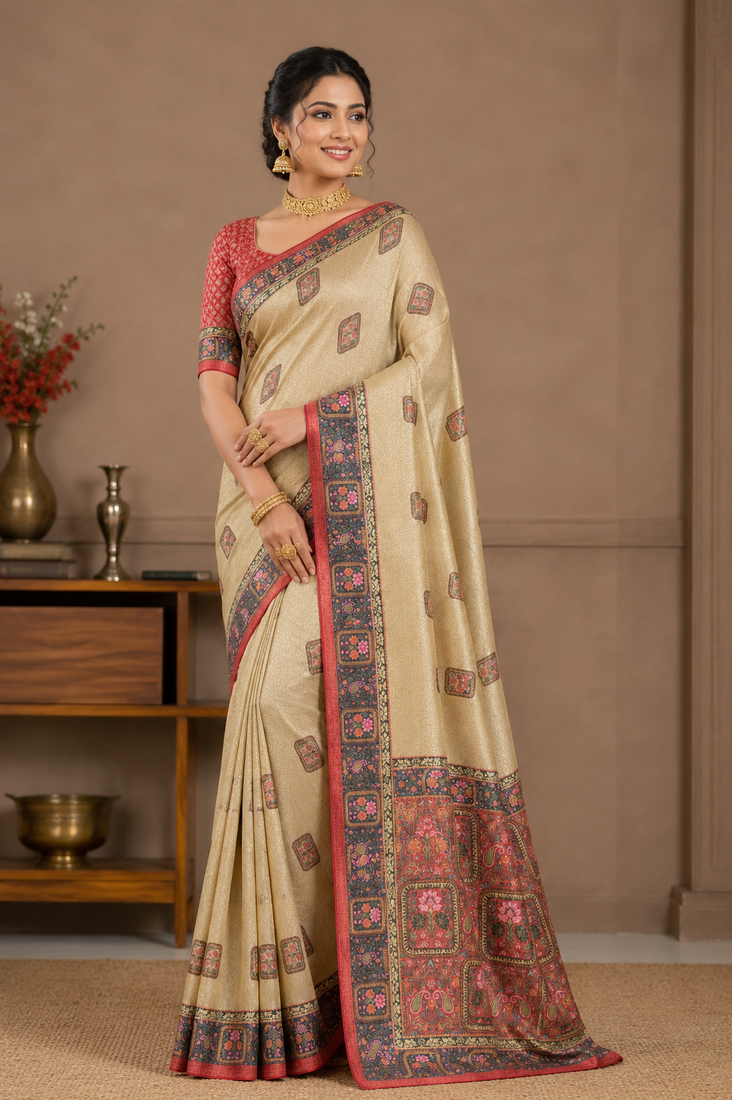cream-red printed pasmina print with dori silk saree