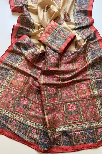 cream-red printed pasmina print with dori silk saree