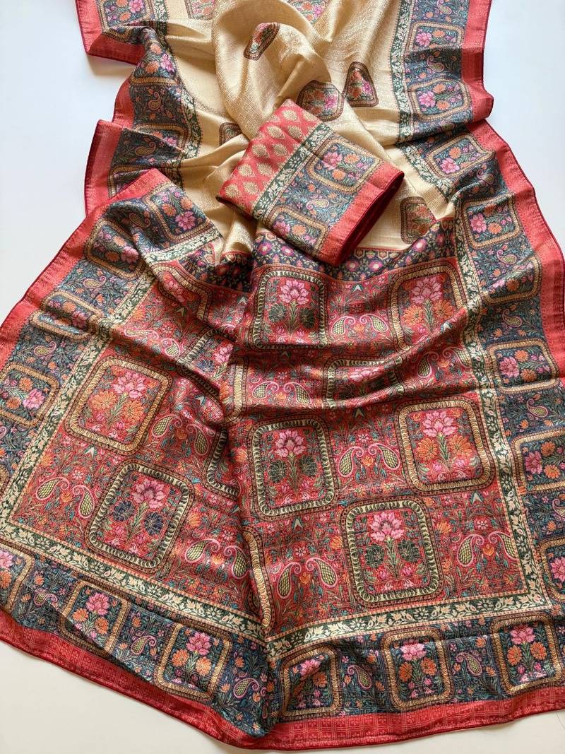 cream-red printed pasmina print with dori silk saree