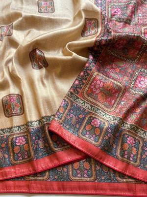 cream-red printed pasmina print with dori silk saree 3