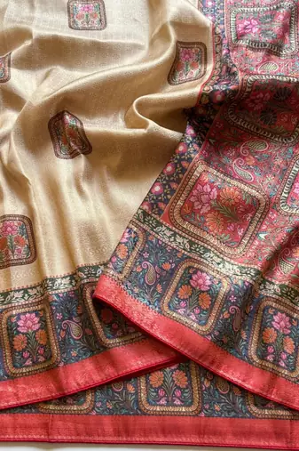 cream-red printed pasmina print with dori silk saree
