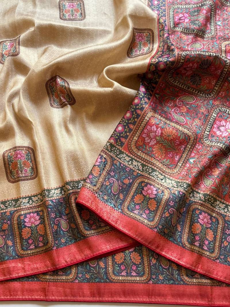 cream-red printed pasmina print with dori silk saree