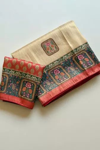 cream-red printed pasmina print with dori silk saree