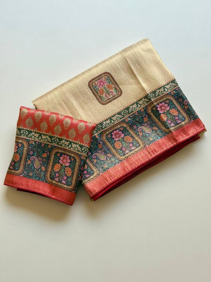cream-red printed pasmina print with dori silk saree