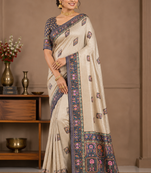 cream-grey printed pasmina print with dori silk saree