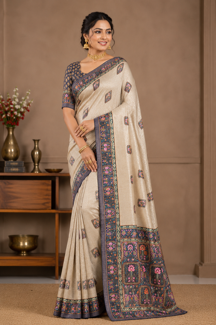 cream-grey printed pasmina print with dori silk saree
