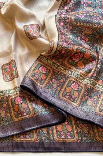 cream-grey printed pasmina print with dori silk saree