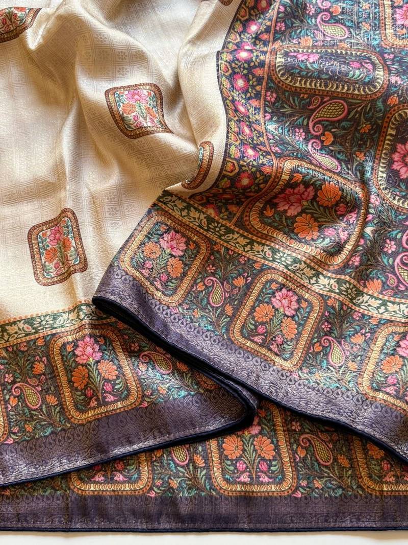 cream-grey printed pasmina print with dori silk saree