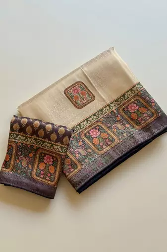cream-grey printed pasmina print with dori silk saree