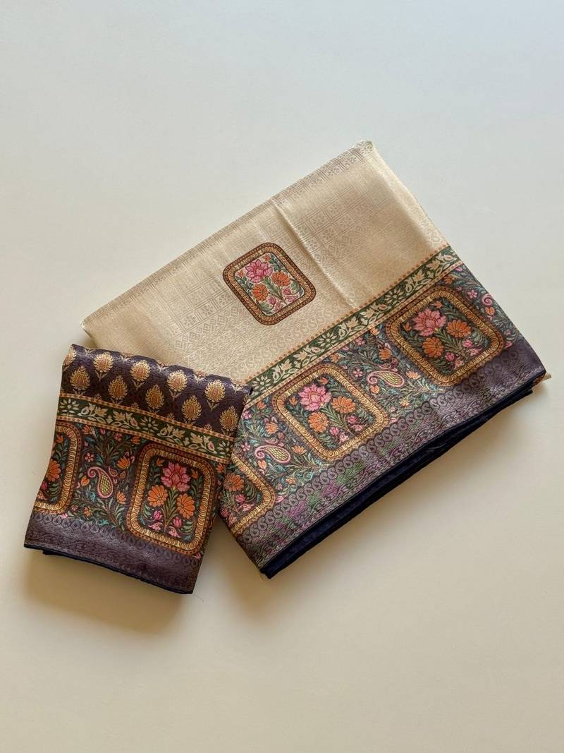 cream-grey printed pasmina print with dori silk saree