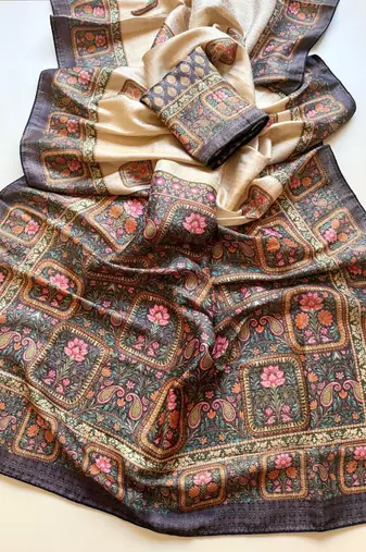 cream-grey printed pasmina print with dori silk saree