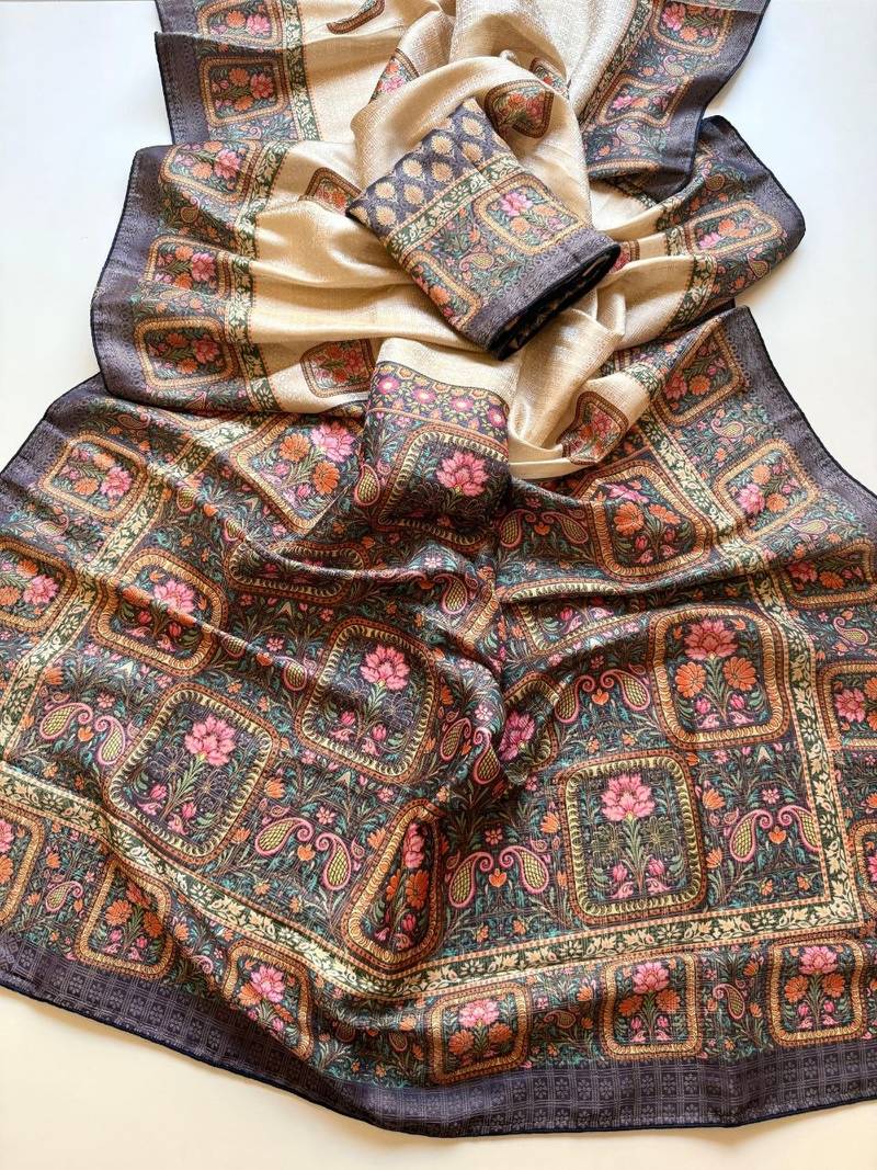 cream-grey printed pasmina print with dori silk saree