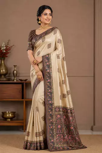 cream-brown printed pasmina print with dori silk saree