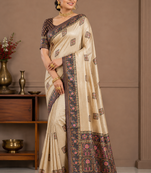 cream-brown printed pasmina print with dori silk saree