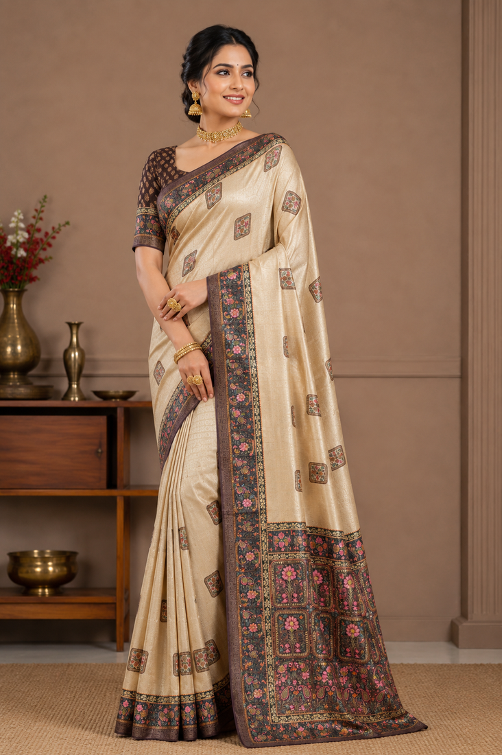 cream-brown printed pasmina print with dori silk saree
