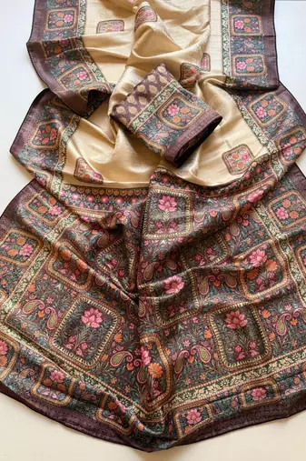 cream-brown printed pasmina print with dori silk saree