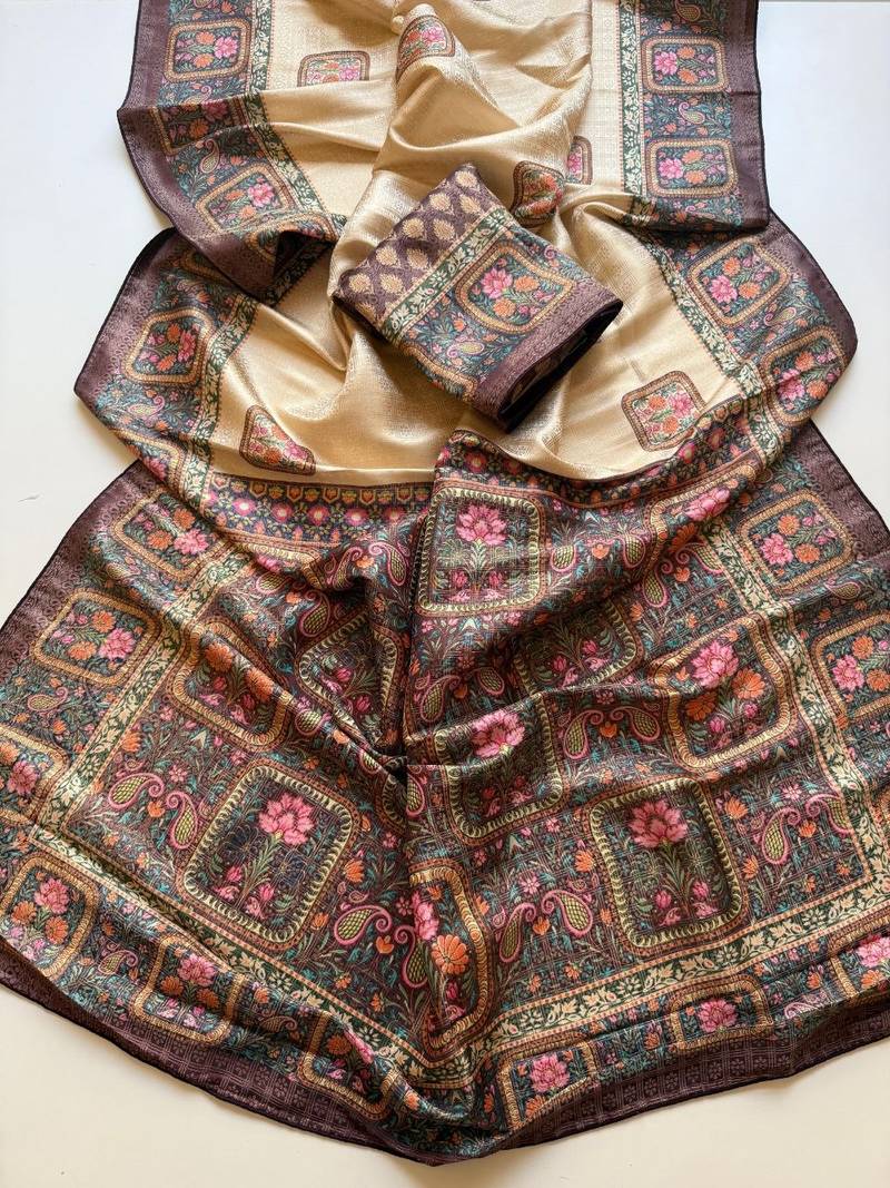cream-brown printed pasmina print with dori silk saree