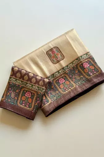 cream-brown printed pasmina print with dori silk saree