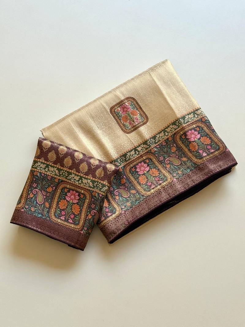 cream-brown printed pasmina print with dori silk saree