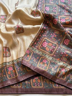 cream-brown printed pasmina print with dori silk saree 4