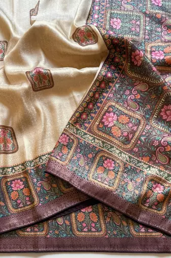 cream-brown printed pasmina print with dori silk saree