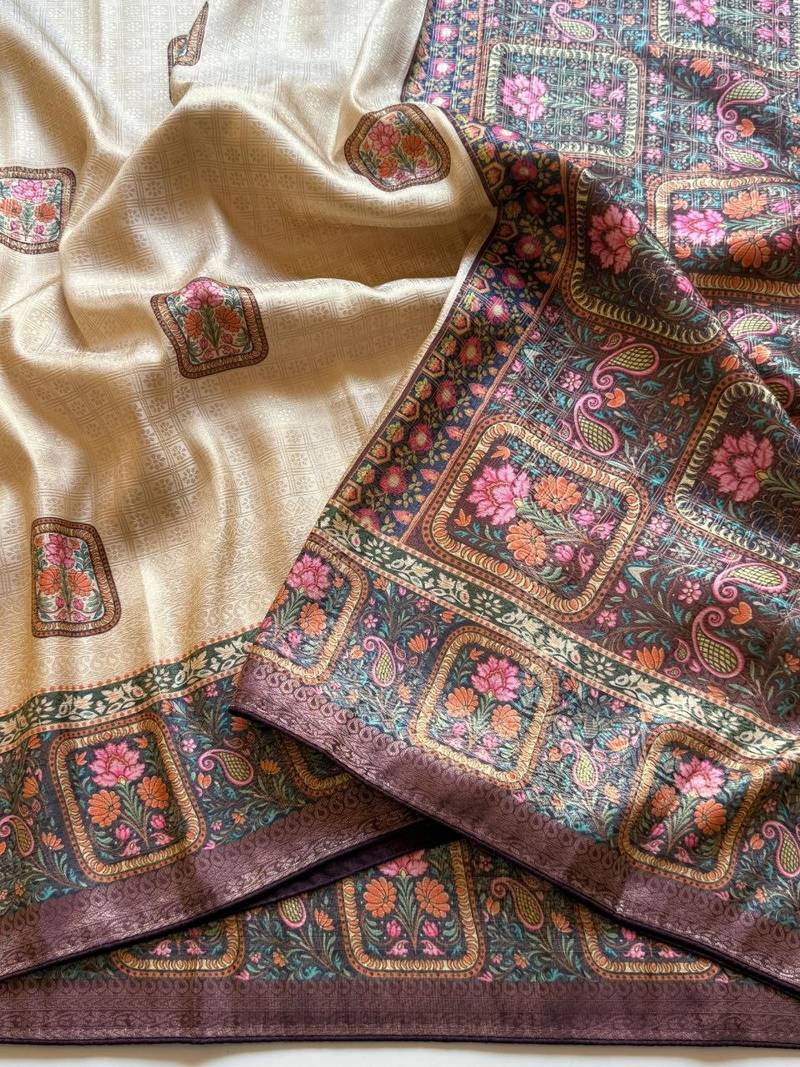 cream-brown printed pasmina print with dori silk saree