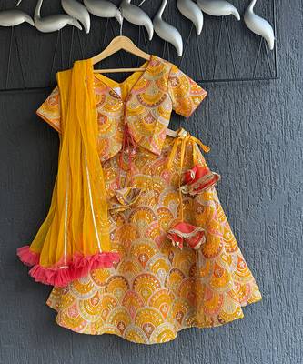 Mustard yellow embroidered cotton silk lehenga set 3