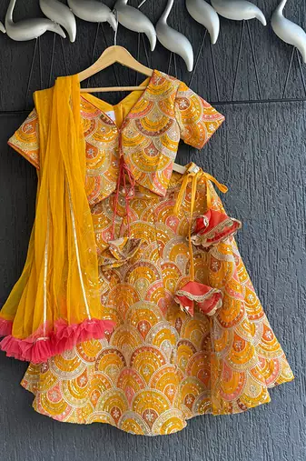 Mustard yellow embroidered cotton silk lehenga set
