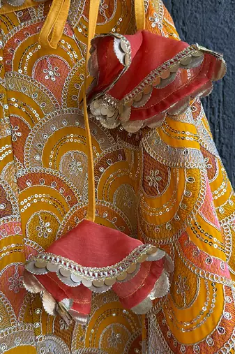 Mustard yellow embroidered cotton silk lehenga set