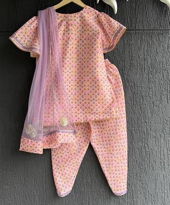 Pastel peach printed cotton silk kurti set 5
