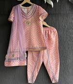 Pastel peach printed cotton silk kurti set