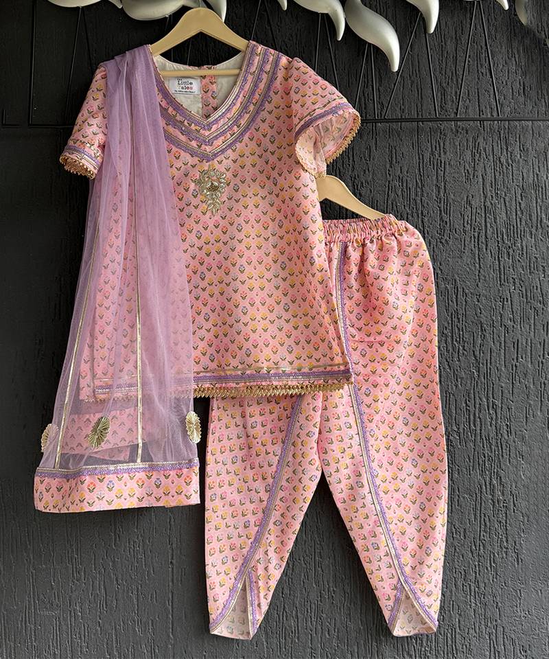 Pastel peach printed cotton silk kurti set