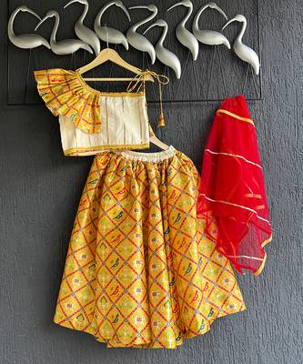 Mustard yellow printed cotton silk lehenga set 3