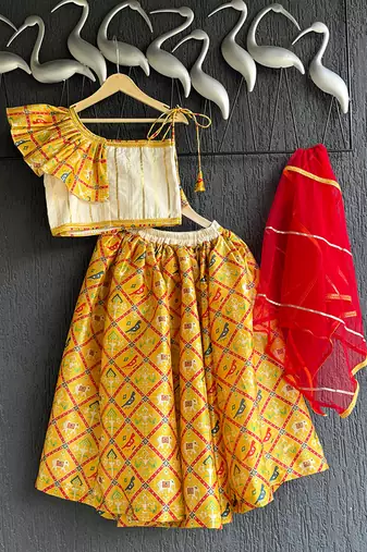 Mustard yellow printed cotton silk lehenga set