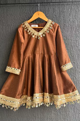 Metallic brown mirror embroidered silk dhoti kurta set