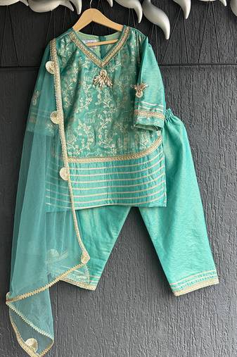 Aqua blue embroidered chanderi kurti set
