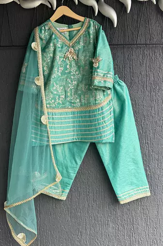 Aqua blue embroidered chanderi kurti set