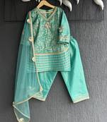 Aqua blue embroidered chanderi kurti set