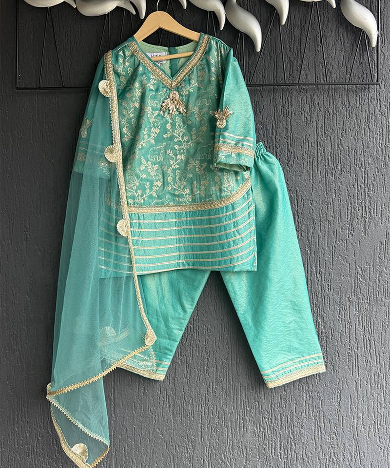 Aqua blue embroidered chanderi kurti set