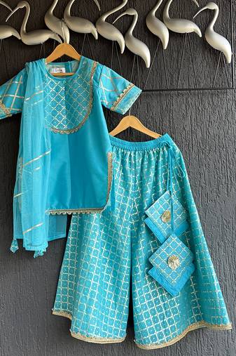 Turquoise blue embroidered cotton silk gharara set
