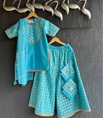 Turquoise blue embroidered cotton silk gharara set