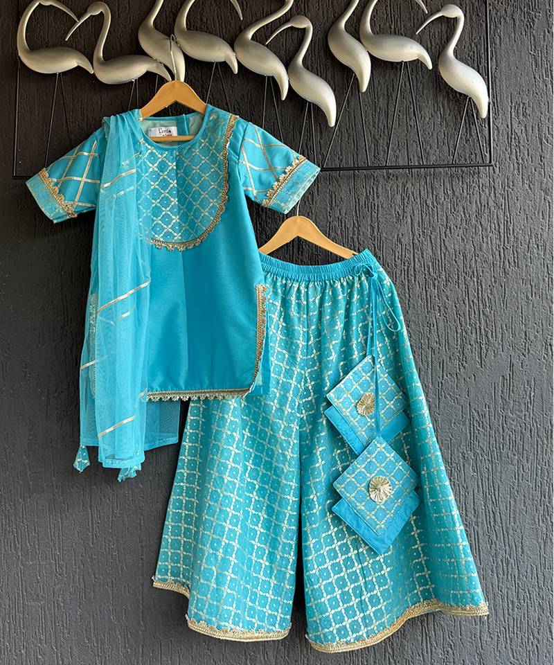 Turquoise blue embroidered cotton silk gharara set