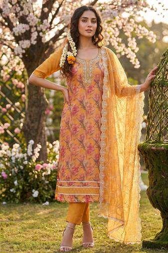 orange organza handwork suit set with dupatta