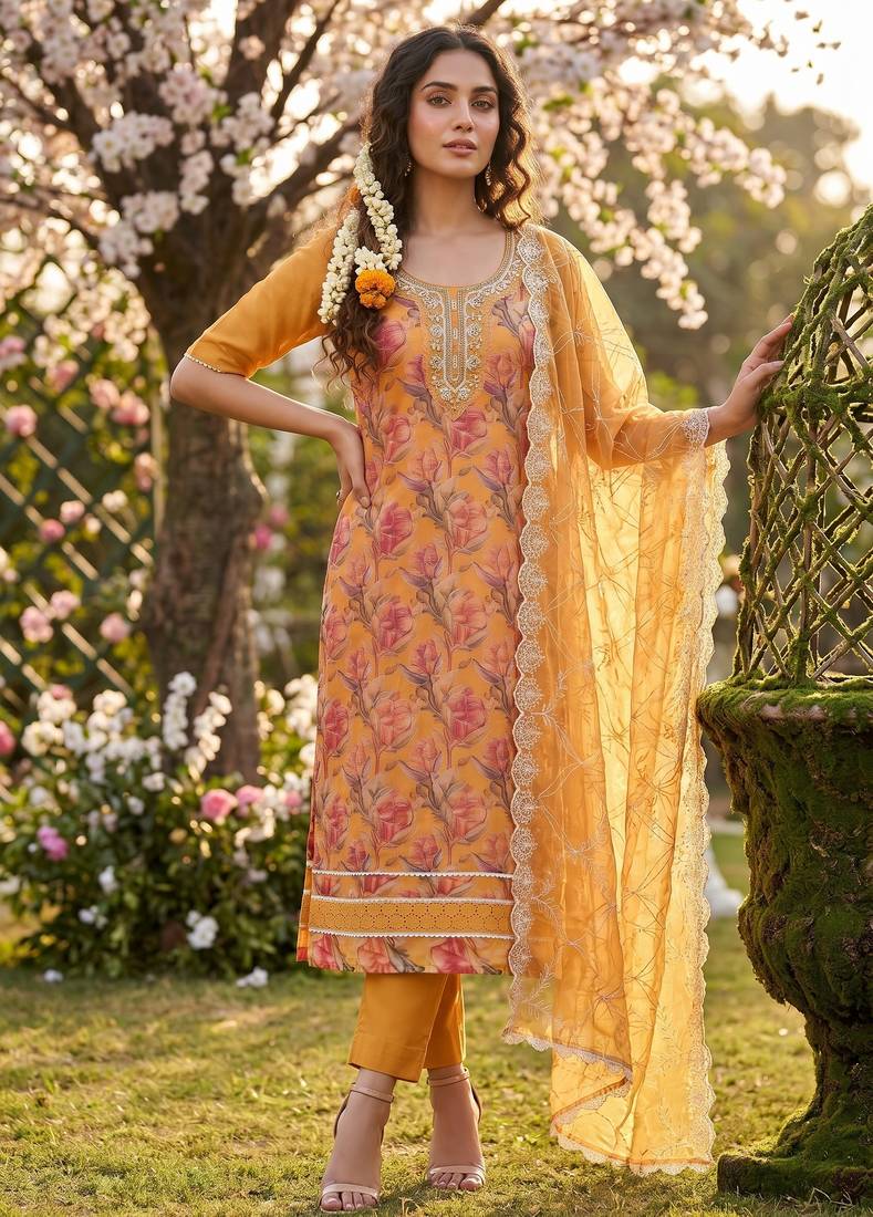 orange organza handwork suit set with dupatta