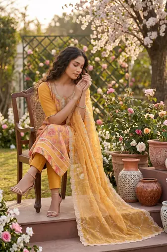Orange organza handwork suit set with designer dupatta