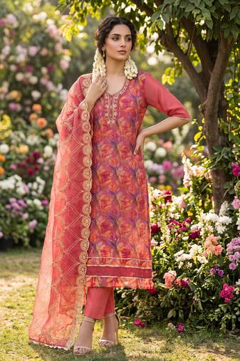 Pink organza handwork suit set with designer dupatta