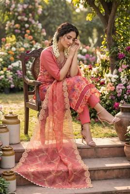 Pink organza handwork suit set with designer dupatta 2