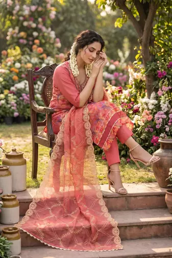 Pink organza handwork suit set with designer dupatta