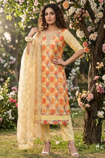 Lemon organza handwork suit set with designer dupatta
